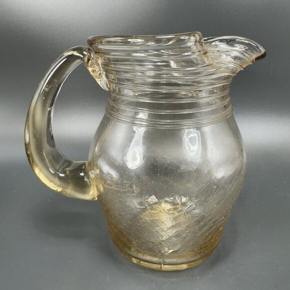 1981 Hand Blown Crackled Glass Pitcher Carafe Jug Light Brown Amber Signed VTG - Picture 1 of 12